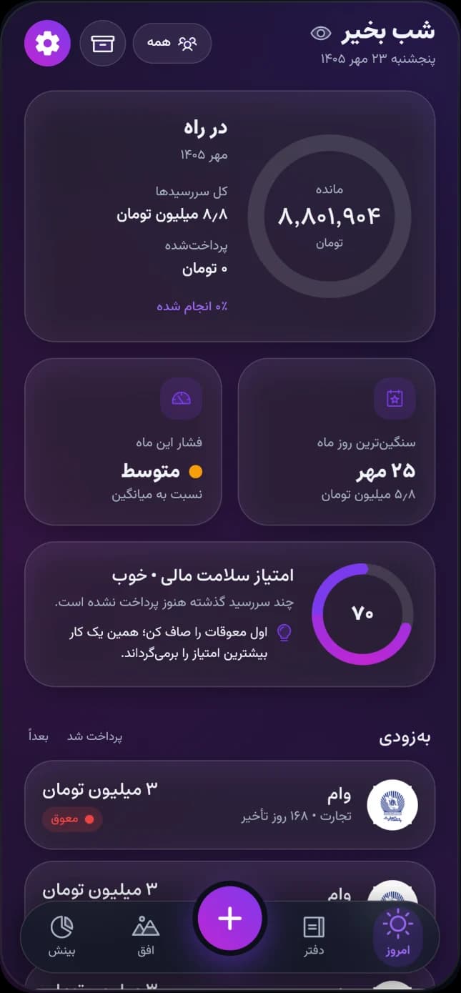 صفحه امروز در اپ لوپ با مانده ماه و امتیاز سلامت مالی